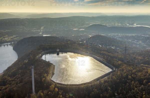 Aerial view, reservoir at Köpchenwerk in backlight in the district Wittbräucke in Herdecke, Ruhr area, North Rhine-Westphalia, Germany, DE, Europe, river Ruhr, Hengsteysee, Herdecke, Köpchenwerk, aerial view, aerial photography, aerial photography, pumped storage power plant Köpchenwerk, RWE, lake, reservoir, overview, bird's-eye view, forest area, birds-eyes view, overview