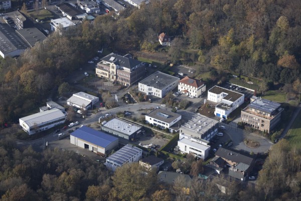 Aerial view, commercial area Gahlenfeld in the district Ostende in Herdecke, Ruhr area, North Rhine-Westphalia, Germany, DE, Europe, commercial enterprises, commercial area, commercial park, commercial location, commercial use, Herdecke, industrial area, industrial location, aerial photograph, aerial photography, aerial photography, overview, bird's-eye view, overview