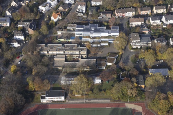 Aerial photo, Werner Richard School with solar roof and secondary school at Bleichstein in Herdecke, Ruhr area, North Rhine-Westphalia, Germany, education, educational institution, DE, Europe, secondary school, secondary school at Sonnenstein, Herdecke, educational institute, aerial photo, aerial photography, aerial photography, secondary school, school, overview, bird's eye view, birds-eyes view, overview