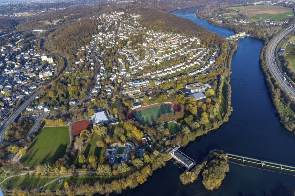 Aerial view, Friedrich-Harkort-Schule with sports ground Am Bleichstein, Werner Richard Schule with solar roof and Realschule am Bleichstein as well as leisure pool Bleichstein Freibad Herdecke and Bleichsteinhalle in Herdecke, Ruhr area, North Rhine-Westphalia, Germany, bathing establishment, bathing resort, education, educational institution, DE, Europe, outdoor pool, leisure activities, Hauptschule am Sonnenstein, Herdecke, teaching institute, aerial view, aerial photography, aerial photography, secondary school, school, swimming pool, swimming pool, overview, bird's-eye view, overview