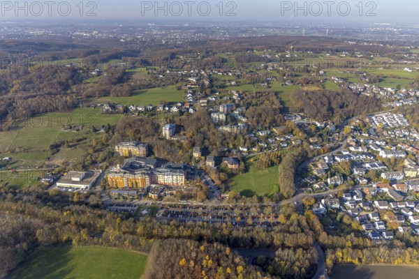 Aerial view, Community hospital Herdecke and Waldorf kindergarten Herdecke in the district Westende in Herdecke, Ruhr area, North Rhine-Westphalia, Germany, DE, Europe, distant view, health care, Herdecke, hospital, kindergarten, day care centre, day nursery, clinic, hospital, hospital, aerial photograph, aerial photography, aerial photography, medical facility, medical aid, overview, bird's-eye view, overview, medical care