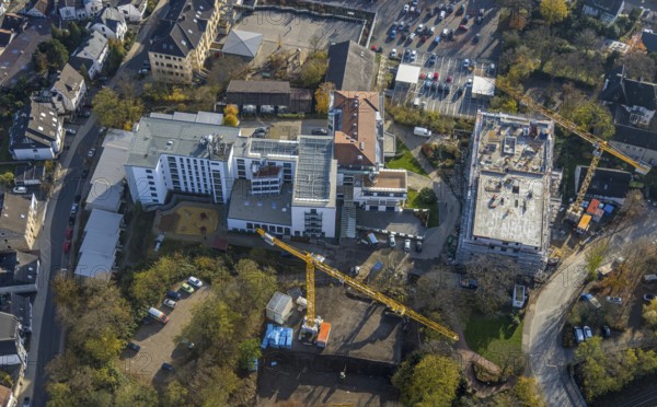 Aerial view, construction site old people's home GVS Herdecke in Herdecke, Ruhr area, North Rhine-Westphalia, Germany, old people's home, old people's residence, old people's home, construction work, construction area, building site, building plots, construction crane, construction measure, construction project, construction site, care and nursing, DE, Europe, non-profit association for social facilities, Herdecke, aerial view, aerial photography, aerial photography, new building, care facility, retirement home, retirement residence, retirement home, retirement centre, overview, bird's eye view, bird's eye view, overview