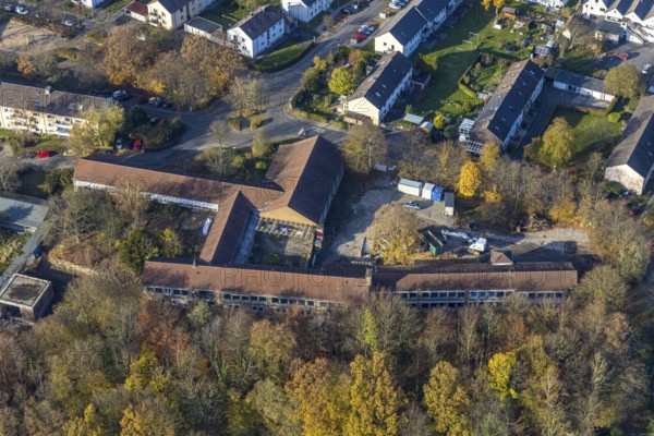 Aerial view, demolition work of the former primary school in the village for the construction of a new residential neighbourhood in the Westende district of Herdecke, Ruhr area, North Rhine-Westphalia, Germany, demolition work, DE, Europe, Herdecke, aerial view, aerial photography, aerial photography, school, overview, bird's-eye view, residential complex, residential neighbourhood, birds-eyes view, overview