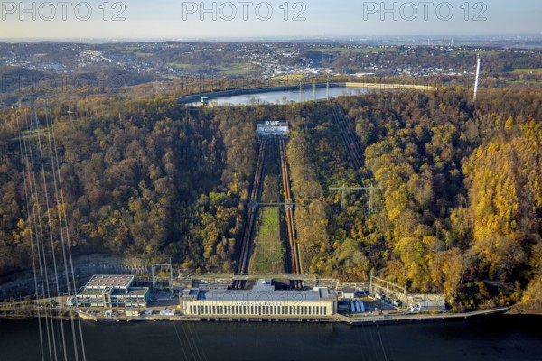 Aerial view, Köpchenwerk RWE pumped storage power plant and storage reservoir in Herdecke, Ruhr area, North Rhine-Westphalia, Germany, DE, Europe, Herdecke, aerial view, aerial photography, aerial photography, overview, bird's-eye view, overview