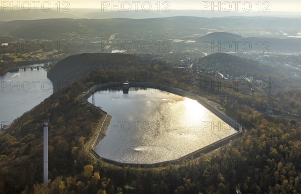 Aerial view, reservoir at Köpchenwerk in backlight in the district Wittbräucke in Herdecke, Ruhr area, North Rhine-Westphalia, Germany, DE, Europe, river Ruhr, Hengsteysee, Herdecke, Köpchenwerk, aerial view, aerial photography, aerial photography, pumped storage power plant Köpchenwerk, RWE, lake, reservoir, overview, bird's-eye view, forest area, birds-eyes view, overview