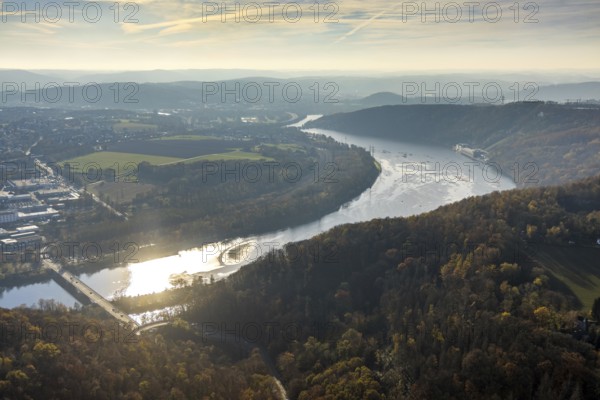 Aerial view, Hengsteysee in backlight with the Köpchenwerk RWE pumped storage power plant between Hagen and Herdecke, Ruhr area, North Rhine-Westphalia, Germany, DE, Europe, Hagen, aerial view, aerial photography, aerial photography, overview, bird's-eye view, overview