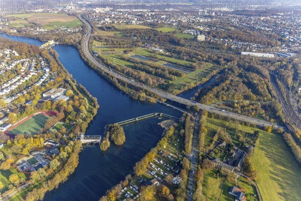 Aerial view, dam and power plant Stiftsmühle at the river Ruhr in Herdecke, Ruhr area, North Rhine-Westphalia, Germany, motorway A1, DE, Europe, outdoor swimming pool Herdecke, Herdecke, power plant, aerial view, aerial photography, aerial photography, overview, bird's-eye view, overview