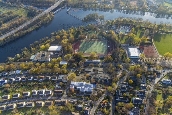 Aerial view, Friedrich-Harkort-Schule with sports ground Am Bleichstein, Werner Richard Schule with solar roof and Realschule am Bleichstein as well as leisure pool Bleichstein Freibad Herdecke and Bleichsteinhalle in Herdecke, Ruhr area, North Rhine-Westphalia, Germany, bathing establishment, bathing resort, education, educational institution, DE, Europe, outdoor pool, leisure activities, Hauptschule am Sonnenstein, Herdecke, teaching institute, aerial view, aerial photography, aerial photography, secondary school, school, swimming pool, swimming pool, overview, bird's-eye view, overview