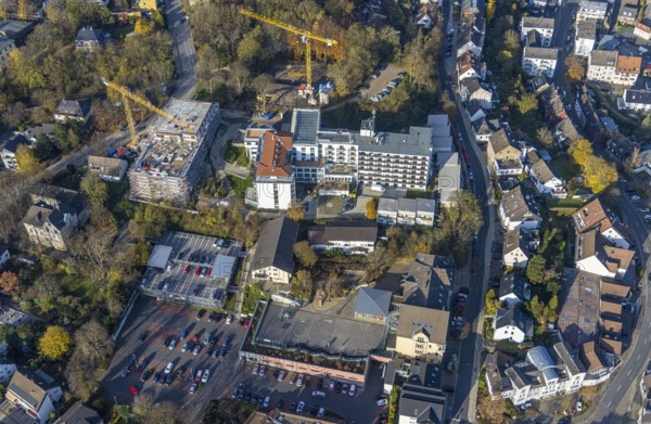 Aerial view, construction site old people's home GVS Herdecke in Herdecke, Ruhr area, North Rhine-Westphalia, Germany, old people's home, old people's residence, old people's home, construction work, construction area, building site, building plots, construction crane, construction measure, construction project, construction site, care and nursing, DE, Europe, non-profit association for social facilities, Herdecke, aerial view, aerial photography, aerial photography, new building, care facility, retirement home, retirement residence, retirement home, retirement centre, overview, bird's eye view, bird's eye view, overview