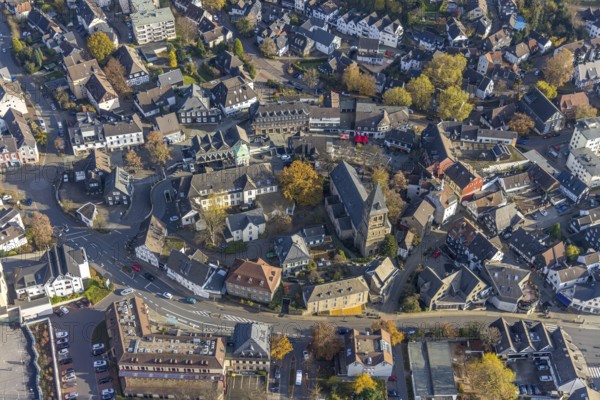 Aerial view, old town with town hall and protestant collegiate church in Herdecke, Ruhr area, North Rhine-Westphalia, Germany, old town, place of worship, authority, DE, Europe, religious community, place of worship, holy place, Herdecke, church, parish, denomination, aerial view, aerial photography, aerial photography, town hall, religion, religious site, overview, bird's-eye view, birds-eyes view, historic city centre, overview