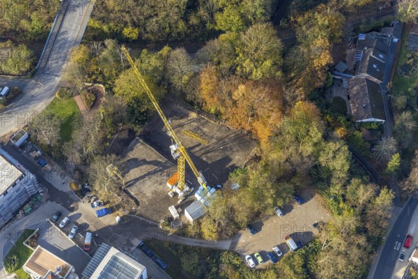 Aerial view, construction site old people's home GVS Herdecke in Herdecke, Ruhr area, North Rhine-Westphalia, Germany, old people's home, old people's residence, old people's home, construction work, construction area, building site, building plots, construction crane, construction measure, construction project, construction site, care and nursing, DE, Europe, non-profit association for social facilities, Herdecke, aerial view, aerial photography, aerial photography, new building, care facility, retirement home, retirement residence, retirement home, retirement centre, overview, bird's eye view, bird's eye view, overview