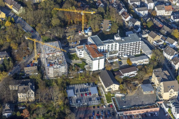 Aerial view, construction site old people's home GVS Herdecke in Herdecke, Ruhr area, North Rhine-Westphalia, Germany, old people's home, old people's residence, old people's home, construction work, construction area, building site, building plots, construction crane, construction measure, construction project, construction site, care and nursing, DE, Europe, non-profit association for social facilities, Herdecke, aerial view, aerial photography, aerial photography, new building, care facility, retirement home, retirement residence, retirement home, retirement centre, overview, bird's eye view, bird's eye view, overview