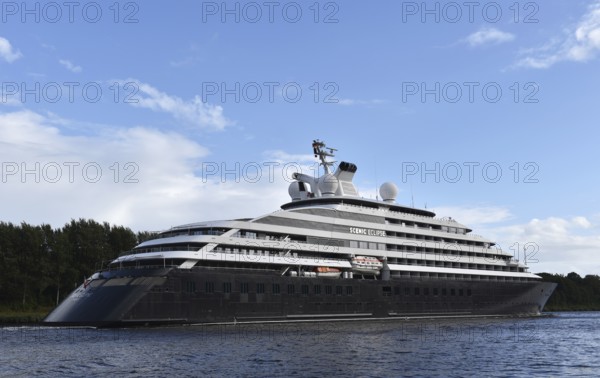 Luxury mega yacht, cruise ship Scenic Eclipse sails through the Kiel Canal, NOK, Kielkanal, Kiel Canal, Schleswig-Holstein, Germany