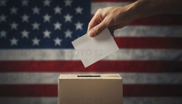 Hand Holding Ballot And Ballot Box Placed On American Flag, Symbolizing Voting In The United States Of America. Representation Of Democracy, AI generated