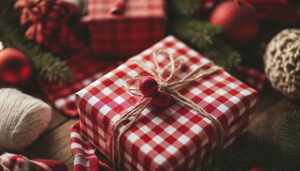 Festive Gift Boxes In Red Checked Paper With Work Space Essentials. Perfect For Valentine'S Day, Christmas, Or New Year'S Gift Wrapping. Festive Holiday Decor, AI generated