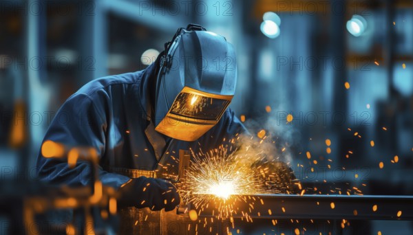 Metalworker Uses Electric Torch To Weld Steel, Wearing Mask For Safety. Skilled Laborer Works In Factory, Specializing In Welding Metal Parts. Bright Torch Used For Burning Iron, AI generated