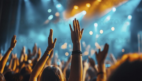 Rock Concert Fans Clap Hands And Wave In Club With Blue Bright Stage Lights, Enjoying Dj Show At Festival, AI generated