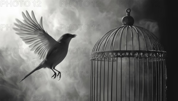 Black And White Hand Drawn Image Capturing Birds Soaring Out Of A Cage - A Detailed Illustration Of Birds Breaking Free, AI generated