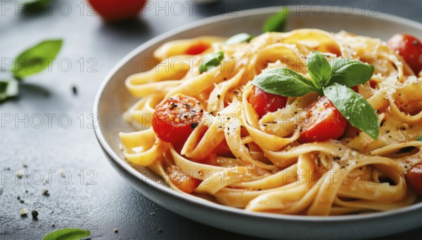 Delicious Pasta With Classic Tomato Sauce On A Gray Plate. Pasta With Healthy Vegetable Sauce. Vegetarian Dish. Close-Up View, AI generated