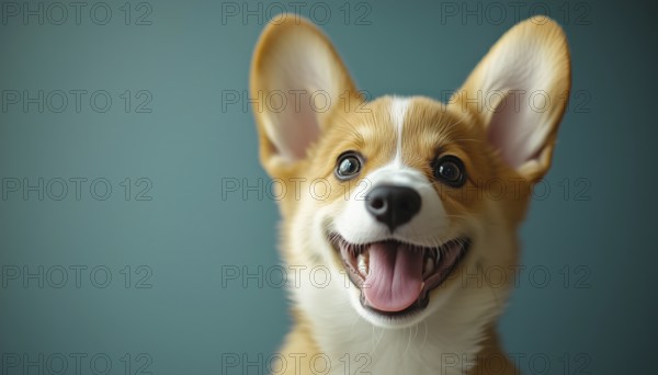 Close-Up Portrait Of A Adorable Corgi Puppy Smiling On A Gray Background With Copy Space For Advertising Tape. Playful And Cute Pet, AI generated