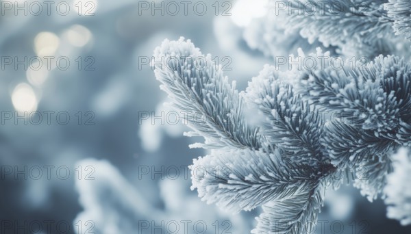 Charming Winter Coniferous Forest With Frost And Snow Covered Trees In Close-Up: A Winter Wonderland With Snowy Pine Tree Branches. Ideal For Winter Christmas Wallpaper Or Web, AI generated