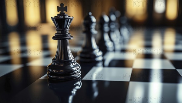Artistic Arrangement: Chess Pieces On Shiny Chessboard - An Artistic Display Featuring Chess Pieces Set On A Glossy Board, Creating A Striking And Visually Appealing Composition, AI generated