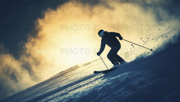 Skiing Silhouette: A Thrilling Winter Extreme Sport Displaying The Art Of Gliding Down Snow-Covered Slopes With Skill And Precision, AI generated