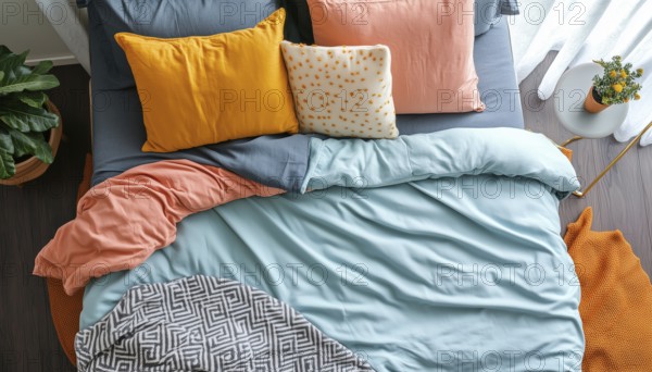 Comfortable Bed With Cotton Blanket And Pillows: Top-View Of Cozy Bed With Beddings In Modern Bedroom Furniture, AI generated