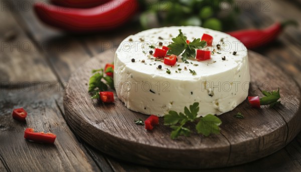 Close-Up Of Traditional Feta Cheese With Red Peppers On Vintage Wooden Board: Round, Homemade, Fresh And Creamy Dairy Delight, AI generated