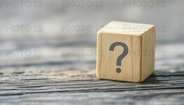 Wooden Cube Block Shape With Question Mark Symbol On Wood Table: Column Of Wooden Blocks With Question Sign Mark, Copy Space, Grey, AI generated