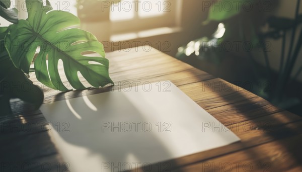 Natural Lighting And Shadow Overlay Effects: Monstera Leaves, Window Frames, And Blurred Shadows On Mockup Paper Placed On A Wooden Table, AI generated