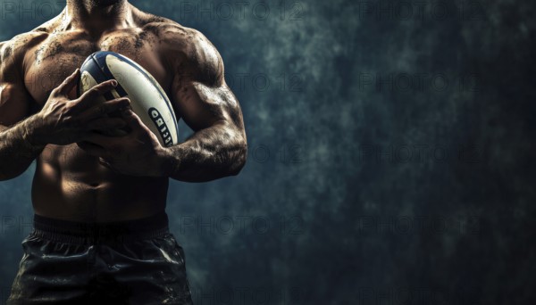 Rugby Player Holding Ball In Horizontal Position, With Space For Text. Action Shot In Sports Of Football. Expand The Image, AI generated