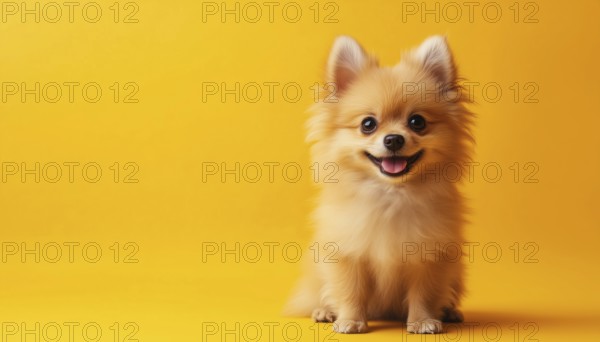 Adorable Pomeranian Spitz Puppy Portrait On Vibrant Yellow Background With Space For Text. Small Smiling Dog With Fluffy Fur. Trendy Design, AI generated