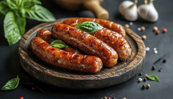 Wooden Plate Presentation Of Mini Smoked Sausages With Garlic And Basil On A Dark Background: The Artistry Of Sausage Delights, AI generated