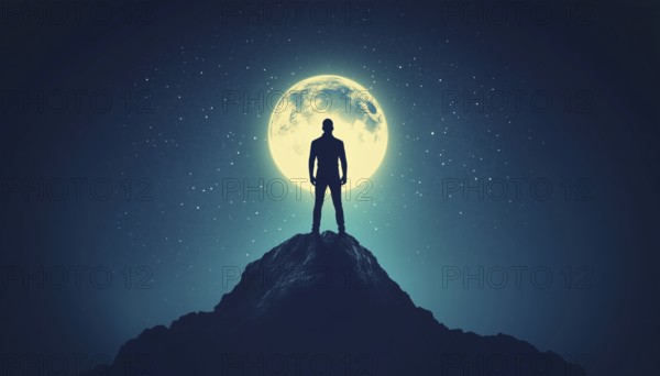 Successful Businessman Conquers Mountain Summit: Competition, Leadership, And Global Success. Man Stands By Illuminated Globe Under Night Sky, AI generated