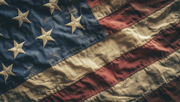 Detailed Image Of Flapping American Flag With Distinctive Folds And Ruffles Captured In A Close-Up Shot. Symbol Of Patriotism, AI generated