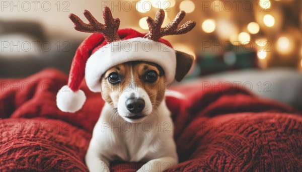 Adorable Christmas Puppies: Festive Dog Outfits Featuring Santa Hats And Reindeer Horns For The Holiday Season. A Must-Have!, AI generated