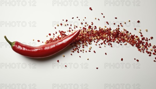 Red Chili Pepper Seed Explosively Burst Out Over A White Background, Showcasing Vibrant Colors And Textures In A Visually Striking Display, AI generated