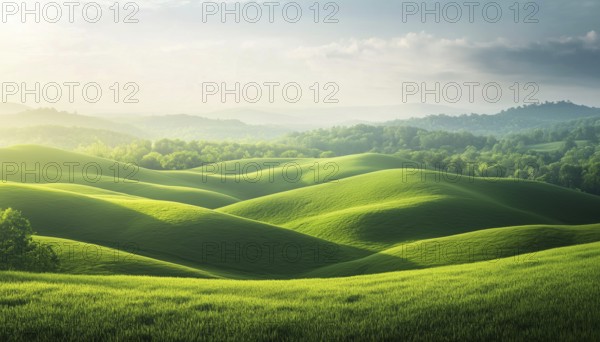 Simple Landscape Of Natural Green Fields And Meadows With Lush Grasses: A Serene And Serene Natural Environment, AI generated