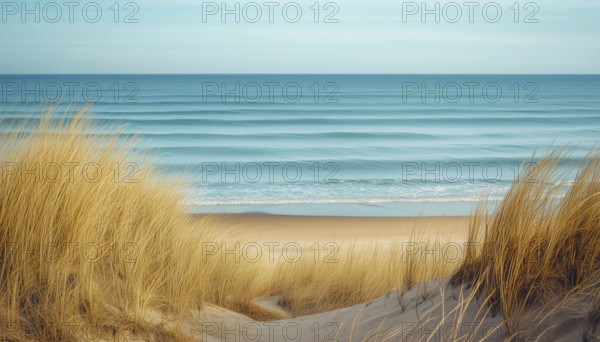 Stunning Tranquil Blue Sea With Waves And Sandy Beach Adorned With Reeds And Dry Grass On Dunes, Perfect Summer Holiday Destination With Vintage Sea Landscape, AI generated