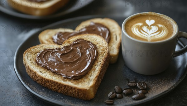 Heart-Shaped Chocolate Cream On Toasted Bread With Coffee And Milk In A Mug - A Delicious Breakfast Treat For Everyone, AI generated