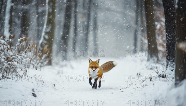 Winter Wonderland: Fox Darting Through Snowy Forest With Large Snowdrifts Among The Trees In Snowy Weather. The Winter Snowy Forest Scene, AI generated