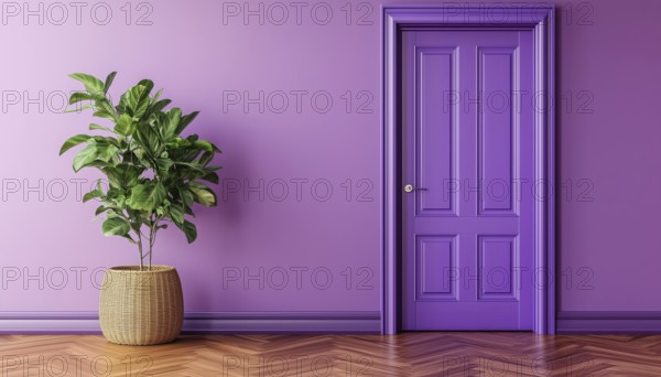 Elegant Purple Living Room With Classic Purple Door And Wicker Vase Of Plants, Accentuated By Brown Parquet Detail. A Stunning Design, AI generated