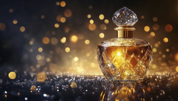 Luxurious Perfume Bottle Adorned With Crystals On A Dark Shiny Mock Up: Glass Flask Containing Gold Liquid Packaging. Promoting A Scent Fragrance Cosmetic Beauty Product With Realistic Appearance, AI generated