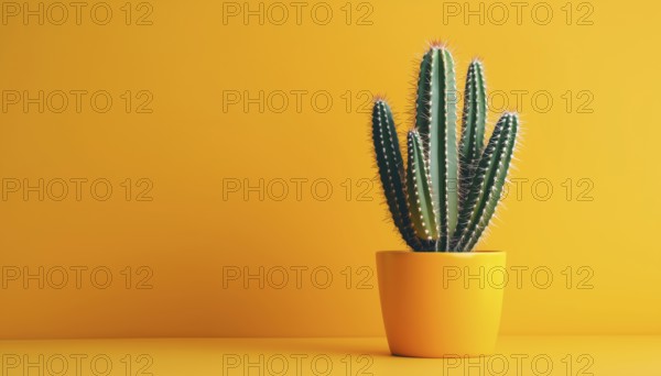 Contemporary Pop Art: Green Cactus In Decor Pot On Bright Orange Pastel Background With Vibrant Yellow Summer Trendy Creative. Funky Houseplant Still Life, AI generated