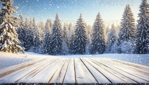 Winter Wonderland: A Scenic Christmas Landscape With Copy Space. Snow-Covered Wooden Flooring In A Forest Filled With Fir-Trees Adorned With Snow, AI generated