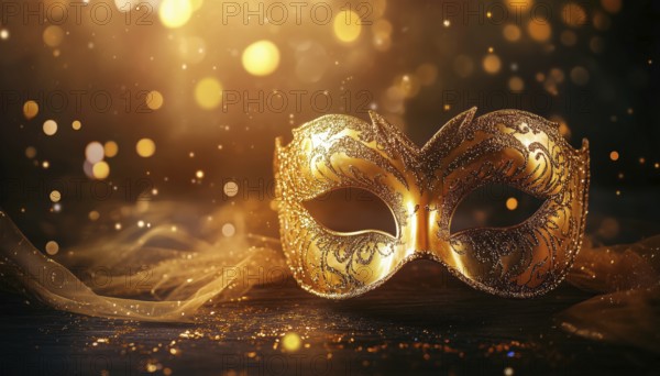 Glamorous Golden Venetian Ball Mask On Dark Background With Space For Text. Perfect For Masquerade Parties Or Holiday Celebrations, AI generated