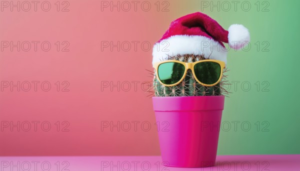 Funky Pop Art Christmas In Summer: Santa Cactus With Sunglasses And Santa Claus Hat On Bright Pastel Background. Creative Holiday Design, AI generated
