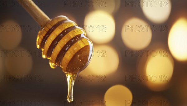 Golden Honey Flowing Out From A Handcrafted Wooden Honey Dipper, Creating A Sweet And Delicious Drip Of Liquid Gold, AI generated
