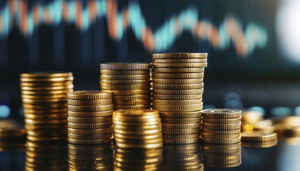 Significant Increase In Financial Investment With Piles Of Gold Coins: Visualizing Stock Market Growth For Financial Businesses And Trading, AI generated